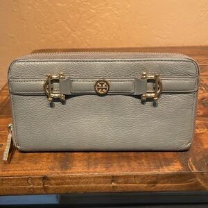 Tory Burch Gray Pebbled Leather Long Zipper Wallet